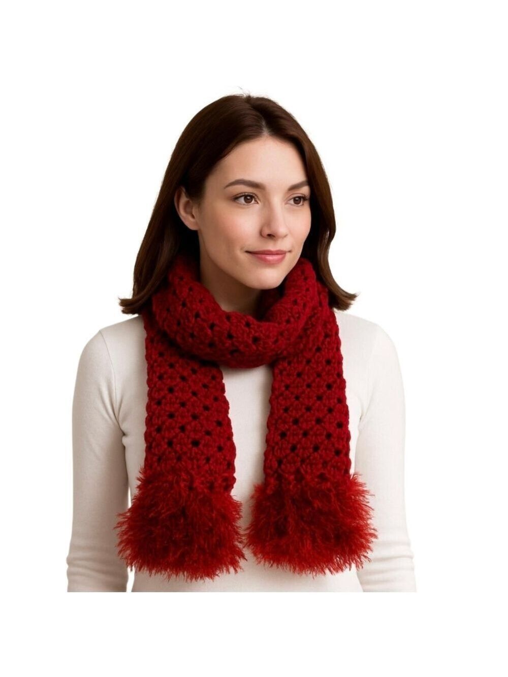 Handmade Red Crochet Scarf Faux Fur Trim Granny Square Shawl